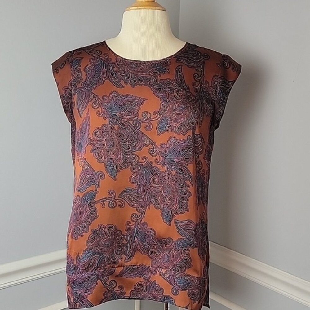 THE LIMITED Rust Colored Polka-Dot Paisley Office Crew Neck Sleeveless Shell Top